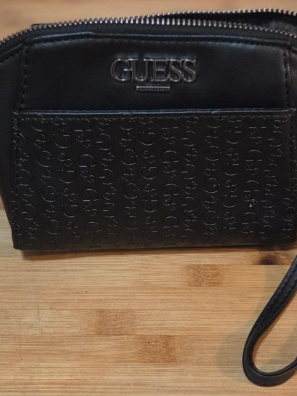GUESS Black Embossed Logo Wristlet with Zip